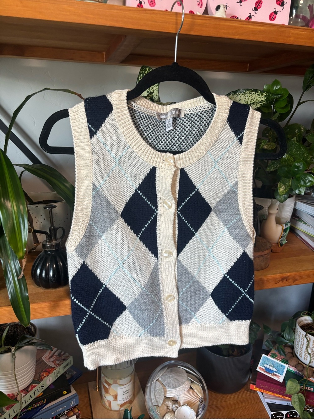 Urban Outfitters Cream, Navy & Gray Argyle Button-Front Sweater Vest
